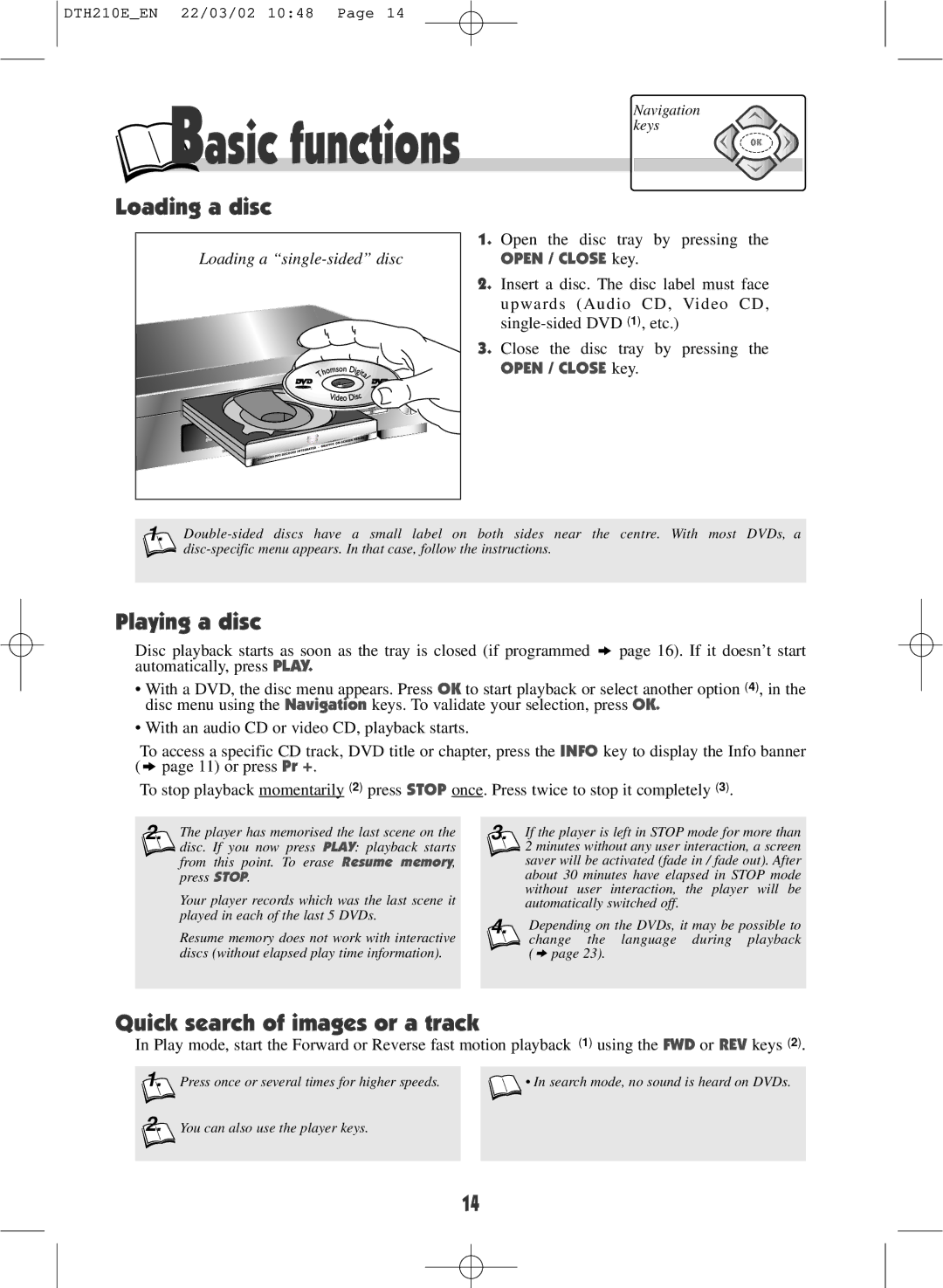Technicolor - Thomson DTH210E warranty Basic functions, Loading a disc, Playing a disc, Quick search of images or a track 
