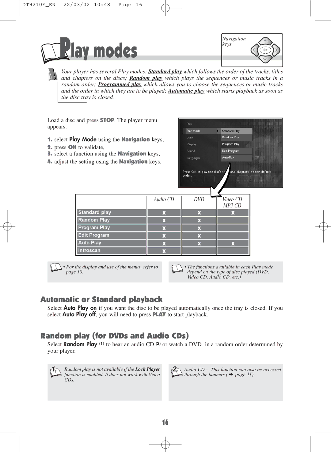 Technicolor - Thomson DTH210E warranty Play modes, Automatic or Standard playback, Random play for DVDs and Audio CDs 
