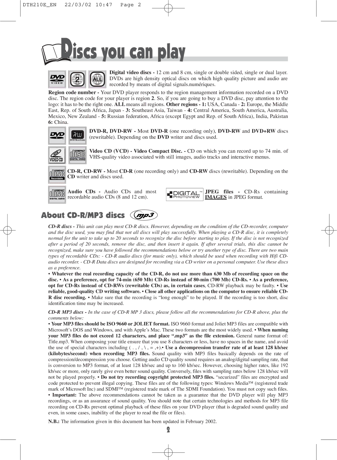 Technicolor - Thomson DTH210E warranty Discs you can play, About CD-R/MP3 discs 