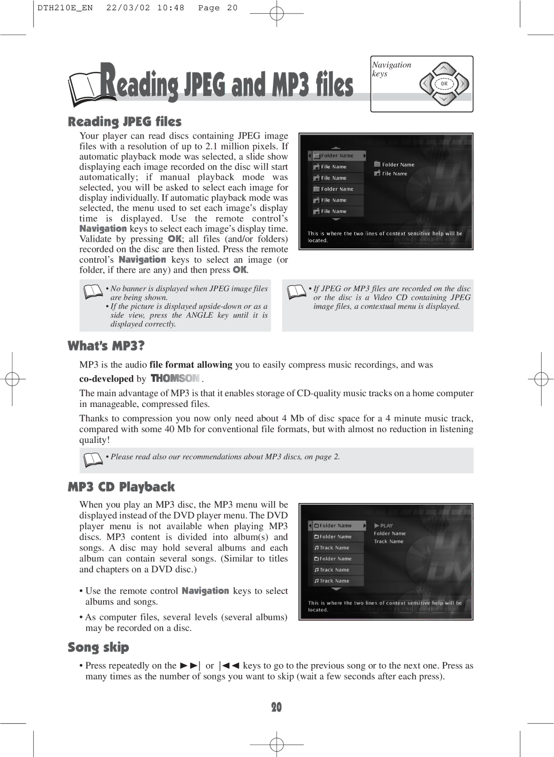Technicolor - Thomson DTH210E warranty Reading Jpeg files, What’s MP3?, MP3 CD Playback, Song skip 