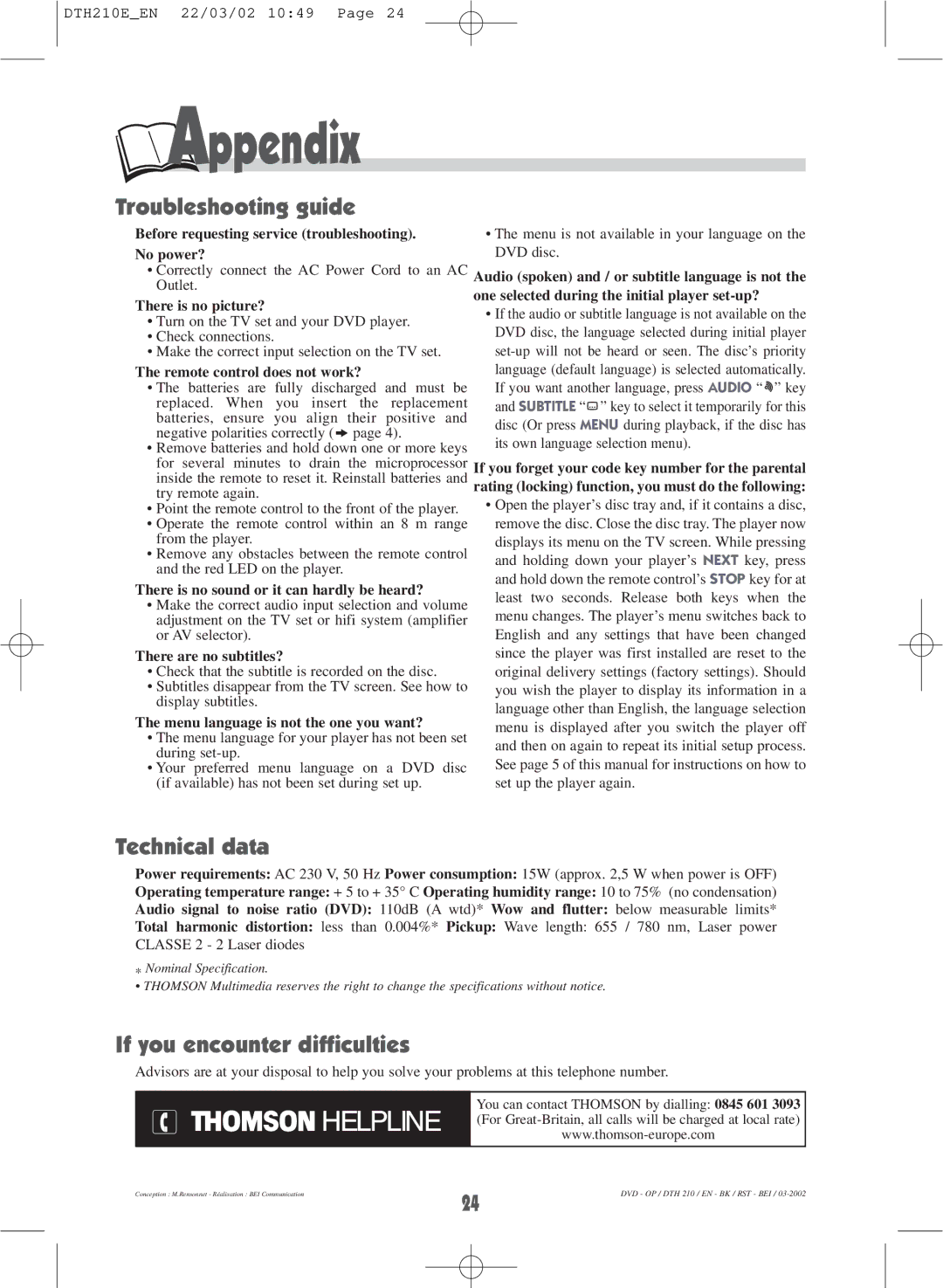 Technicolor - Thomson DTH210E warranty Appendix, Troubleshooting guide, Technical data, If you encounter difficulties 