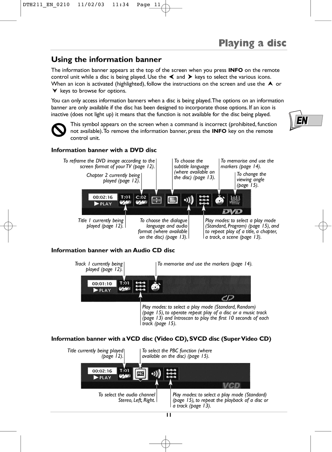 Technicolor - Thomson DTH211 manual Using the information banner, Information banner with a DVD disc 