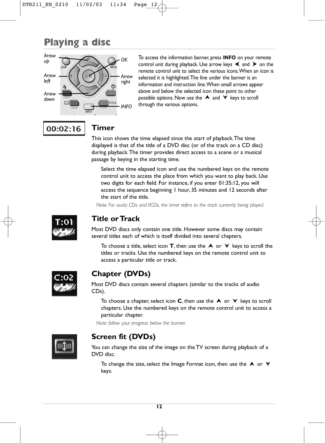 Technicolor - Thomson DTH211 manual Timer, Title or Track, Chapter DVDs, Screen fit DVDs 