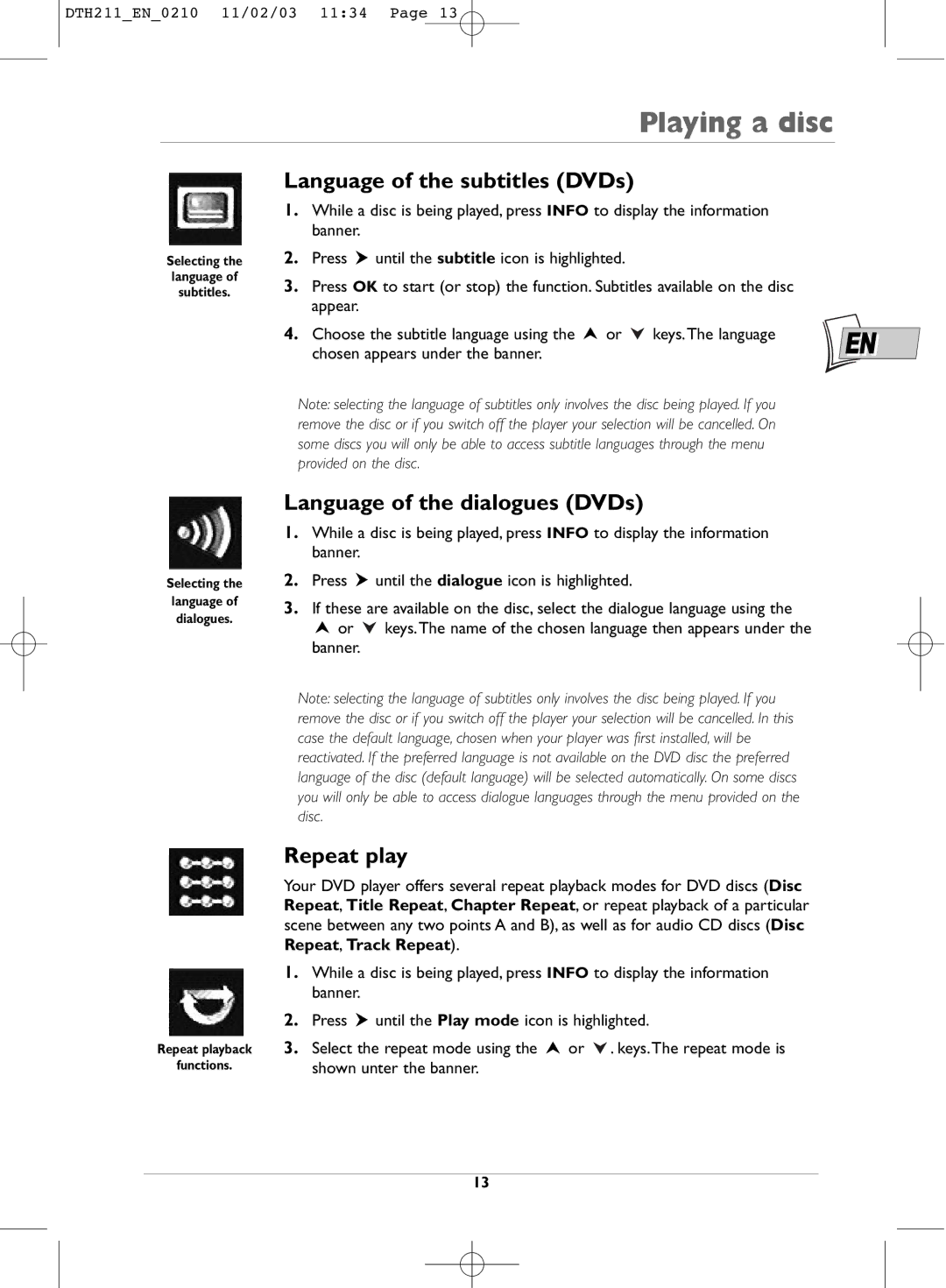 Technicolor - Thomson DTH211 manual Language of the subtitles DVDs, Language of the dialogues DVDs, Repeat play 