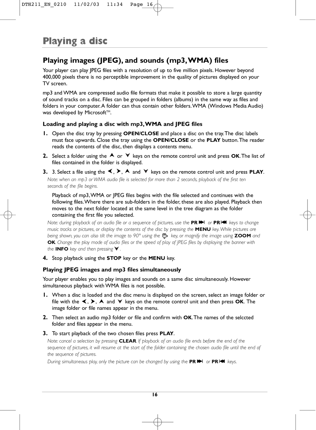 Technicolor - Thomson DTH211 manual Playing images JPEG, and sounds mp3,WMA files 