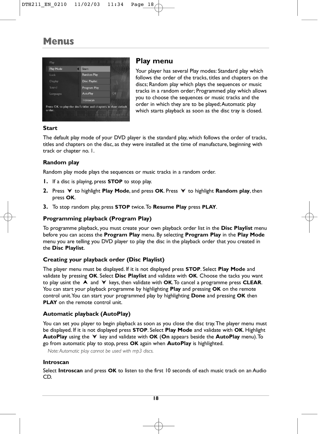 Technicolor - Thomson DTH211 manual Play menu 