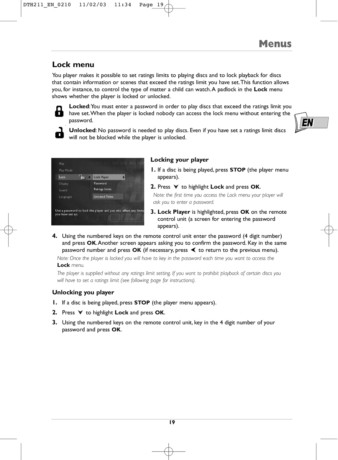 Technicolor - Thomson DTH211 manual Lock menu, Locking your player, Unlocking you player 