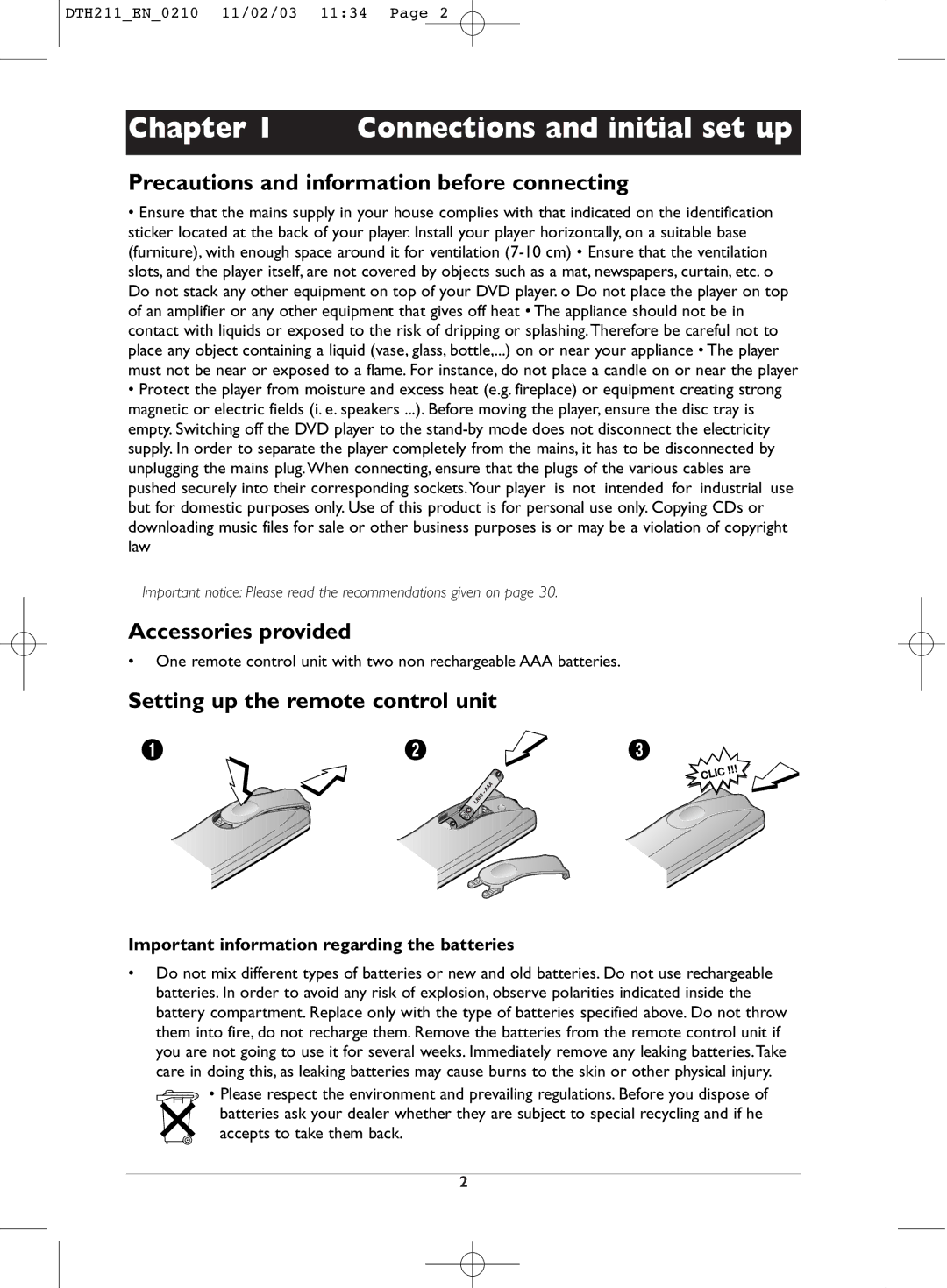 Technicolor - Thomson DTH211 manual Precautions and information before connecting, Accessories provided 