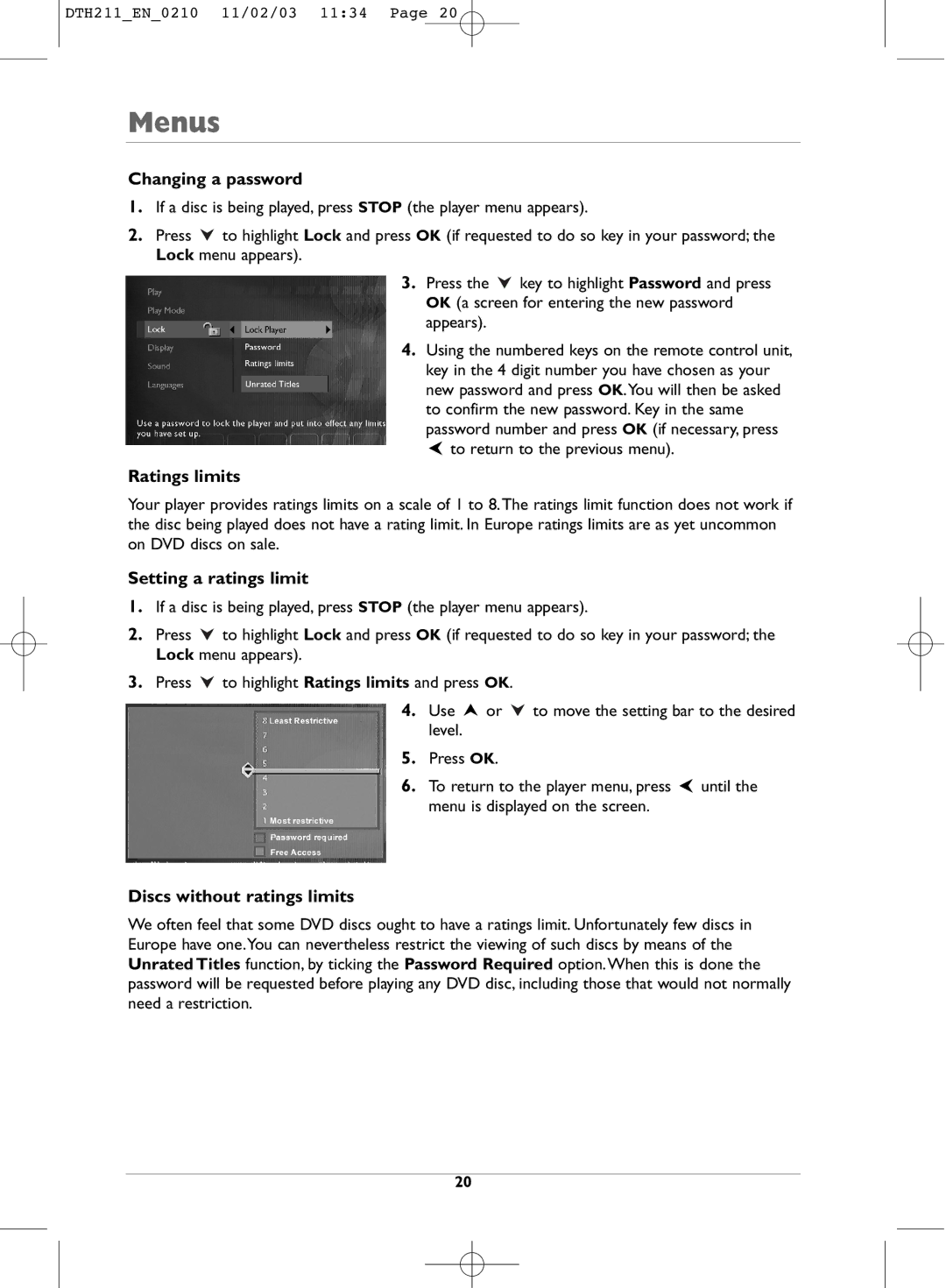 Technicolor - Thomson DTH211 Changing a password, Ratings limits, Setting a ratings limit, Discs without ratings limits 