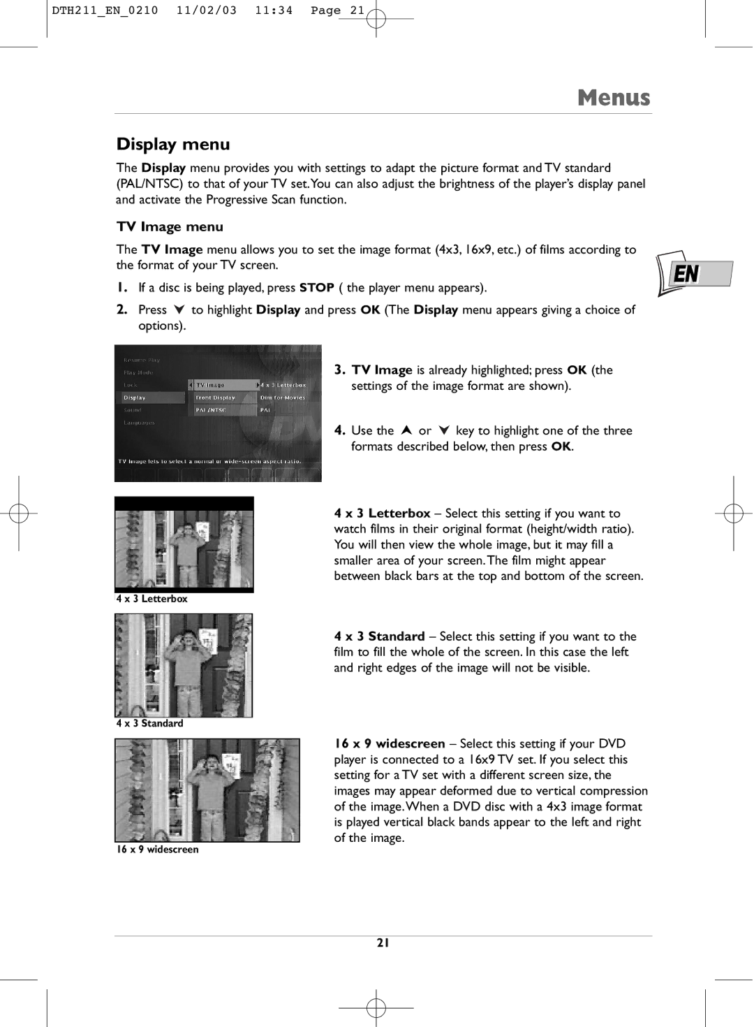 Technicolor - Thomson DTH211 manual Display menu, TV Image menu 