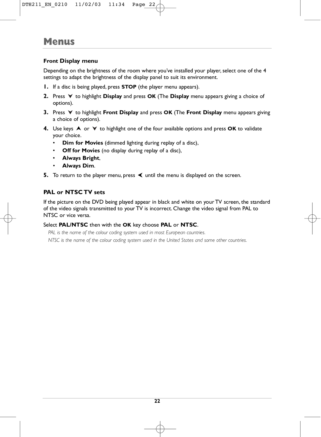 Technicolor - Thomson DTH211 manual Front Display menu, PAL or Ntsc TV sets 