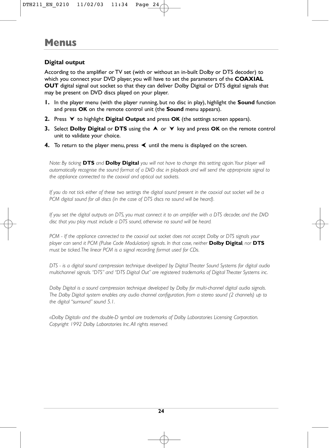 Technicolor - Thomson DTH211 manual Digital output 