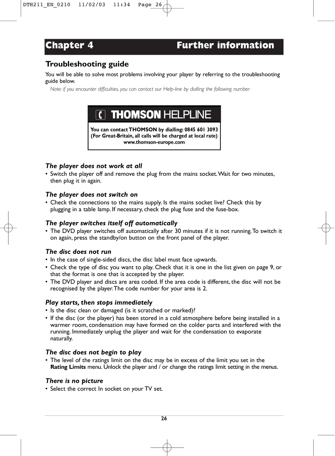 Technicolor - Thomson DTH211 manual Chapter Further information, Troubleshooting guide 