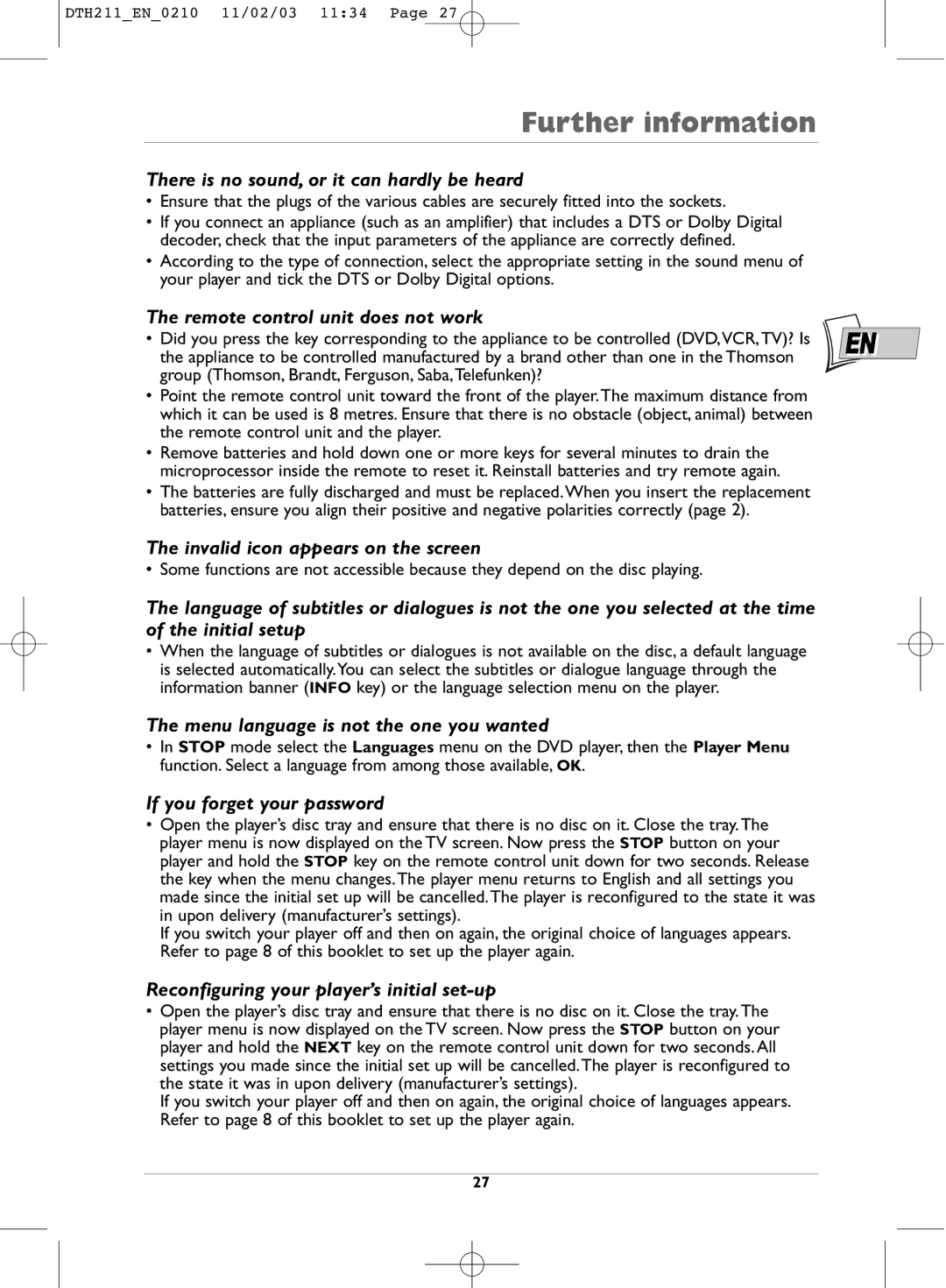 Technicolor - Thomson DTH211 manual Further information 