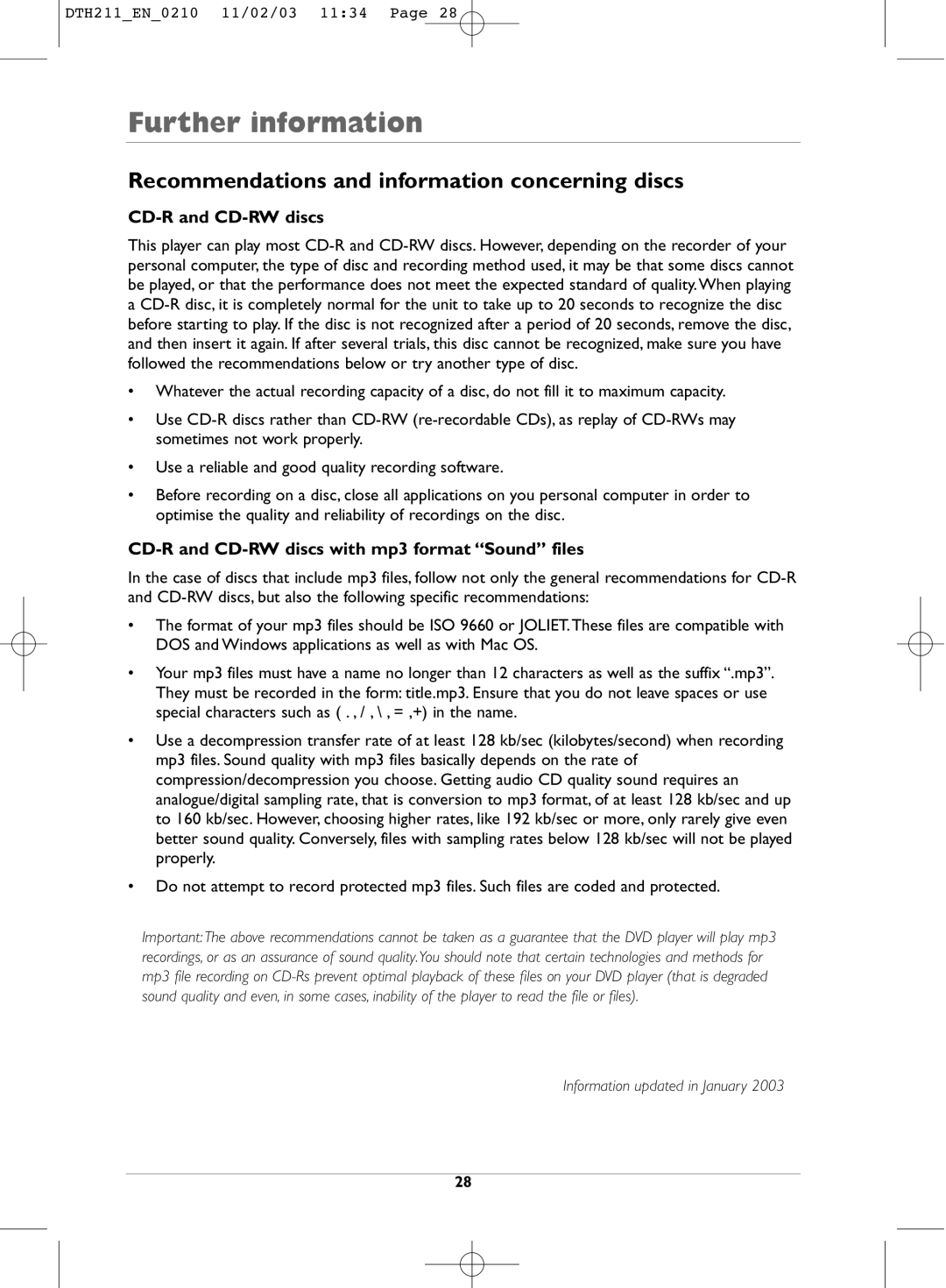 Technicolor - Thomson DTH211 manual Recommendations and information concerning discs, CD-R and CD-RW discs 