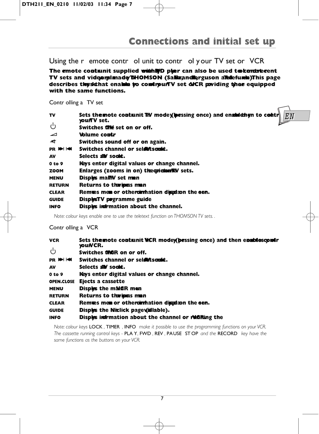 Technicolor - Thomson DTH211 manual Using the remote control unit to control your TV set or VCR, Controlling a TV set 