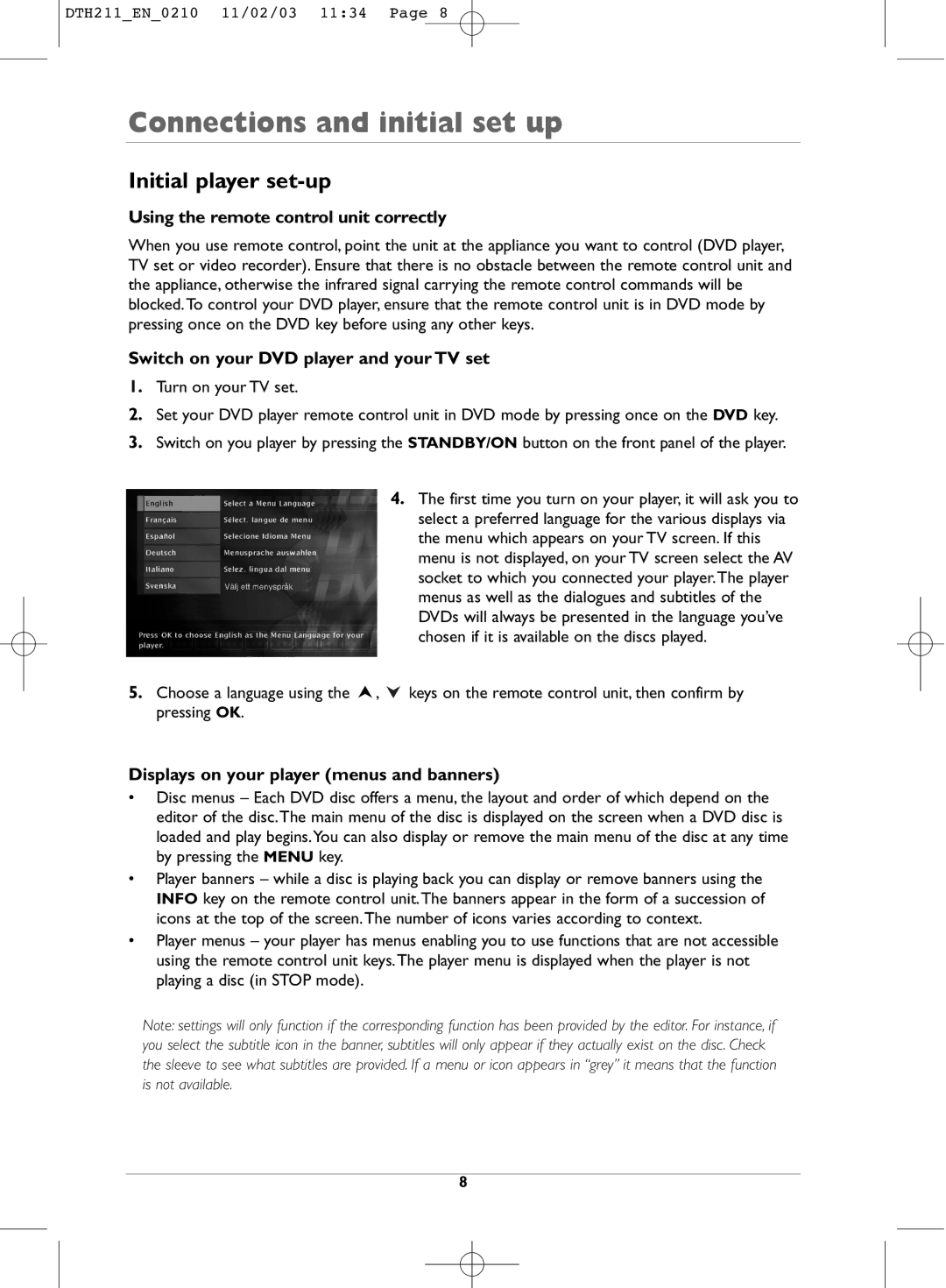 Technicolor - Thomson DTH211 manual Initial player set-up, Using the remote control unit correctly 