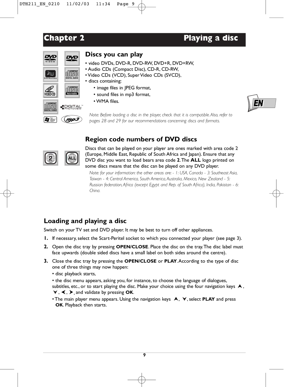 Technicolor - Thomson DTH211 manual Discs you can play, Region code numbers of DVD discs, Loading and playing a disc 