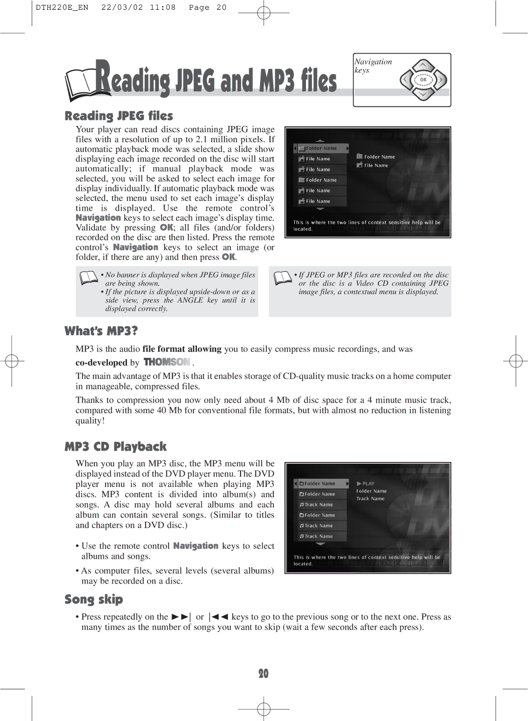 Technicolor - Thomson DTH220E warranty Reading Jpeg files, What’s MP3?, MP3 CD Playback, Song skip 