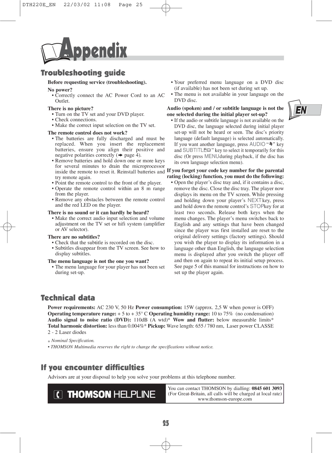 Technicolor - Thomson DTH220E warranty Appendix, Troubleshooting guide, Technical data, If you encounter difficulties 