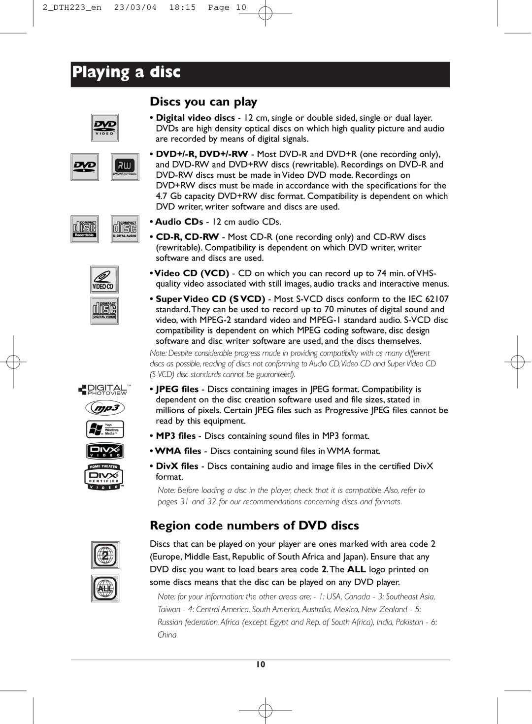 Technicolor - Thomson DTH223 manual Discs you can play, Region code numbers of DVD discs 