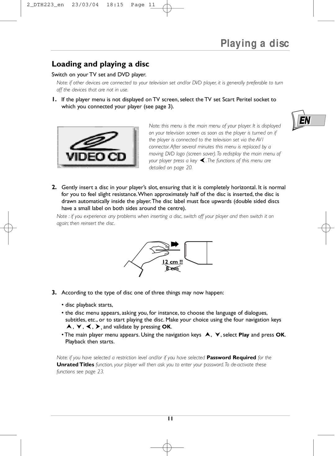 Technicolor - Thomson DTH223 manual Playing a disc, Loading and playing a disc 