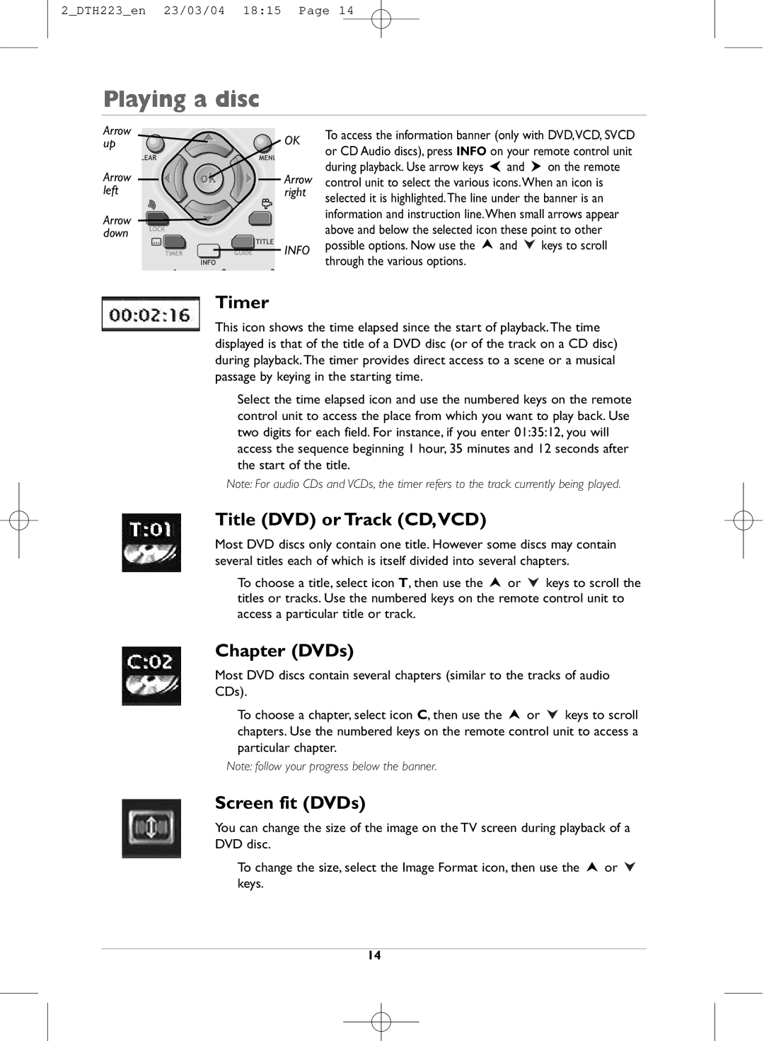 Technicolor - Thomson DTH223 manual Timer, Title DVD or Track CD,VCD, Chapter DVDs, Screen fit DVDs 