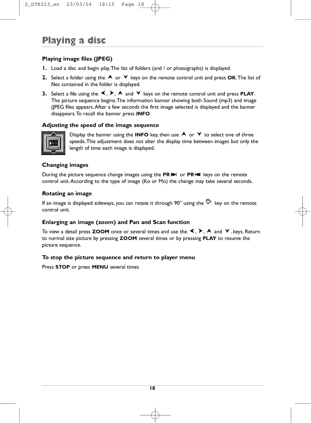 Technicolor - Thomson DTH223 manual Playing image files Jpeg, Adjusting the speed of the image sequence, Changing images 