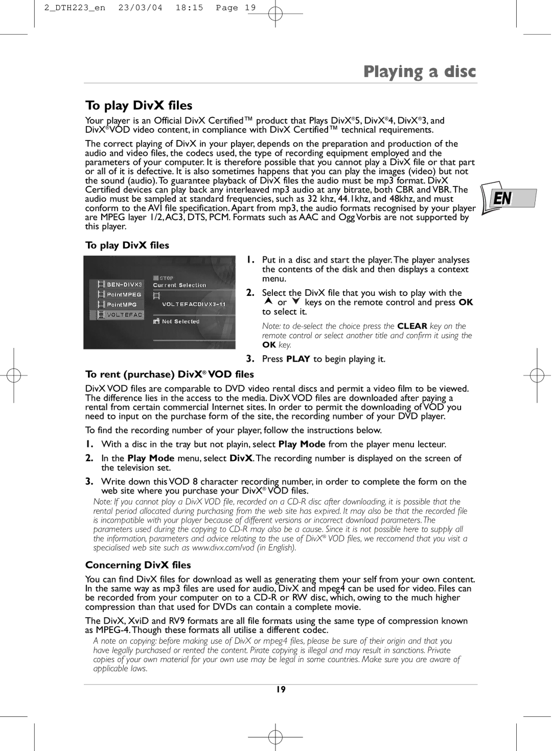 Technicolor - Thomson DTH223 manual To play DivX files, To rent purchase DivX VOD files, Concerning DivX files 