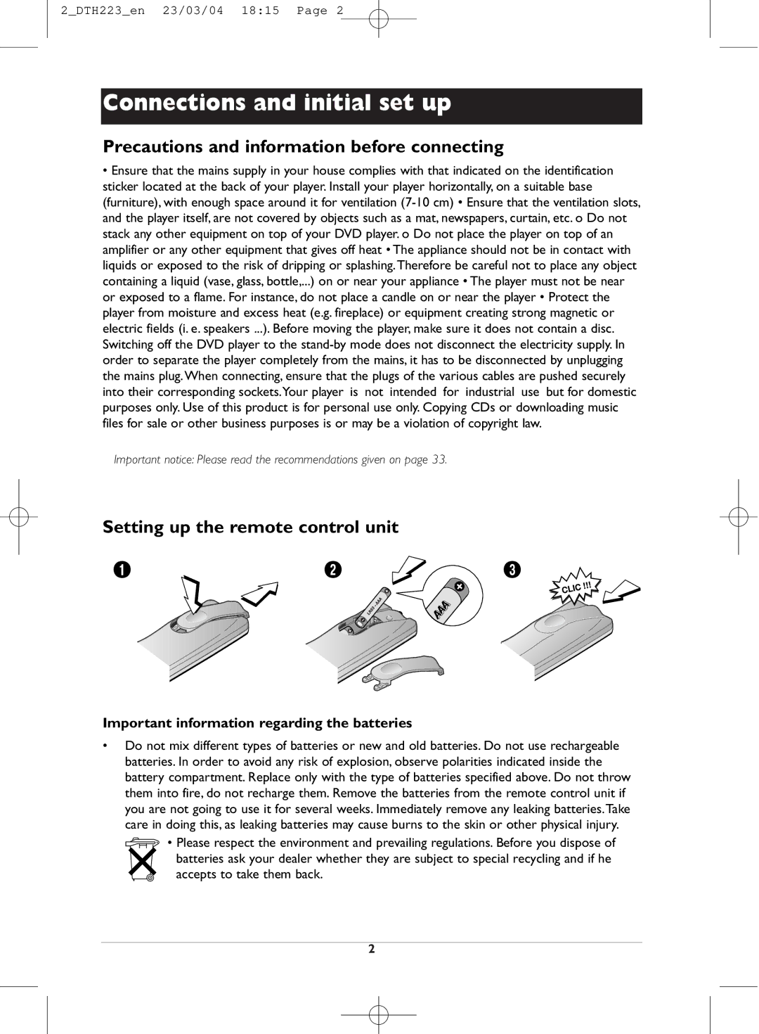 Technicolor - Thomson DTH223 manual Precautions and information before connecting, Setting up the remote control unit 