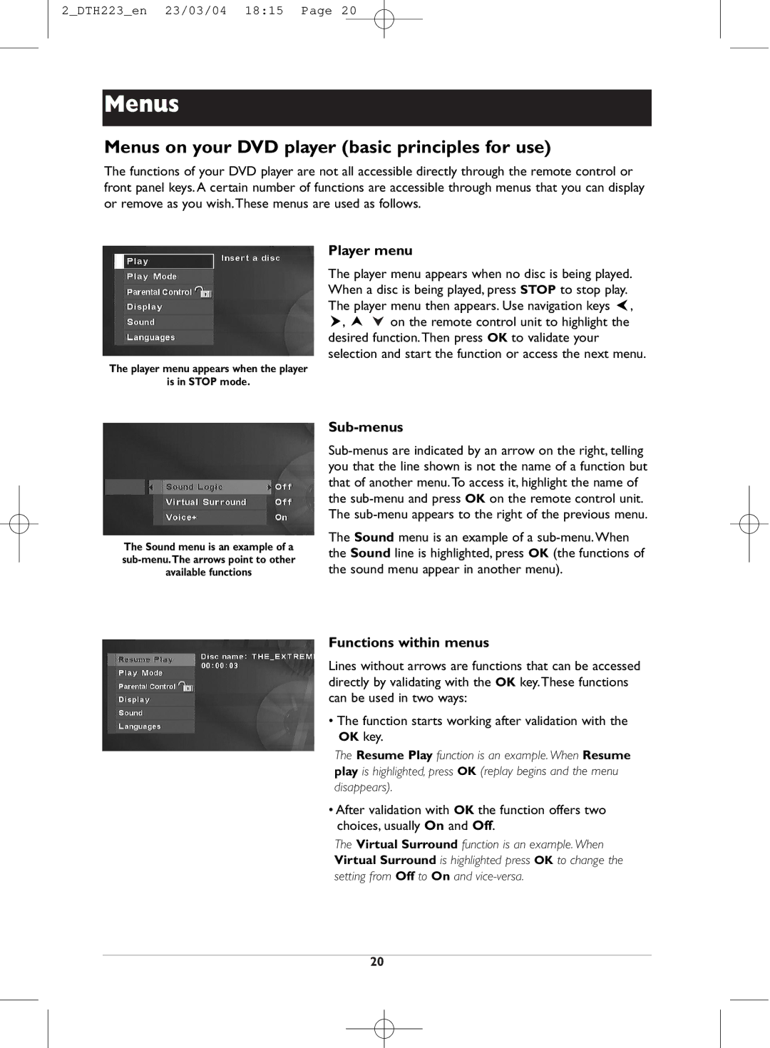 Technicolor - Thomson DTH223 manual Menus on your DVD player basic principles for use, Player menu, Sub-menus 