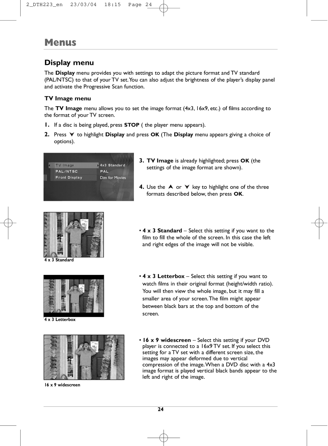 Technicolor - Thomson DTH223 manual Display menu, TV Image menu 