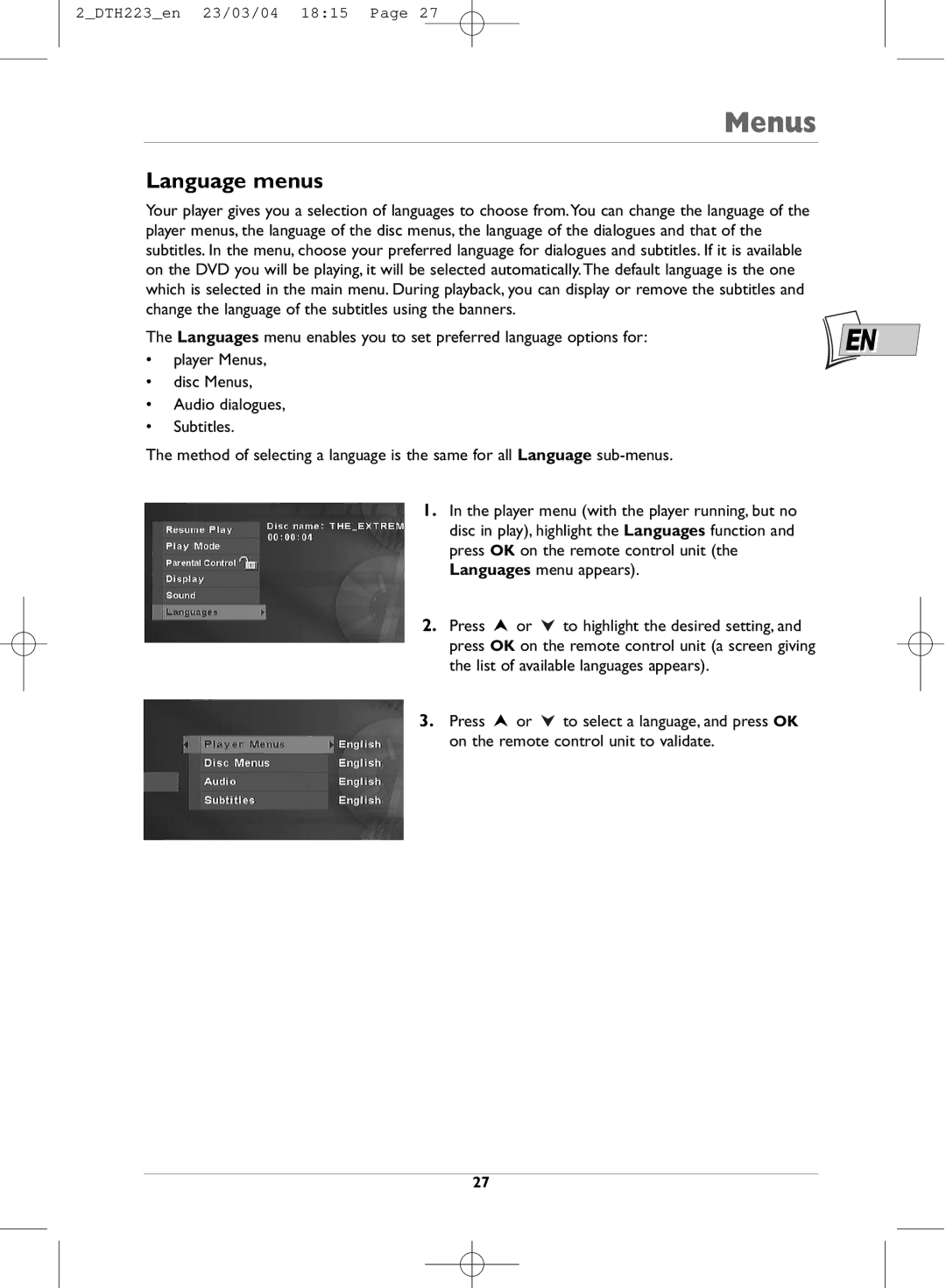 Technicolor - Thomson DTH223 manual Language menus 