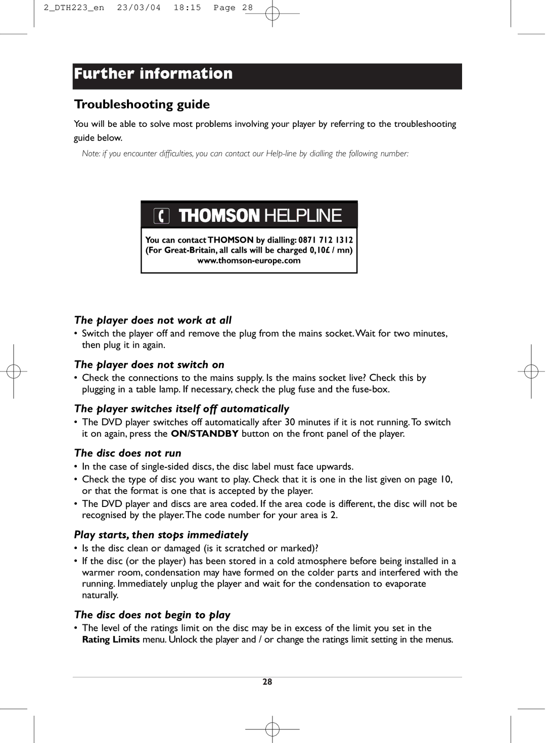 Technicolor - Thomson DTH223 manual Further information, Troubleshooting guide 