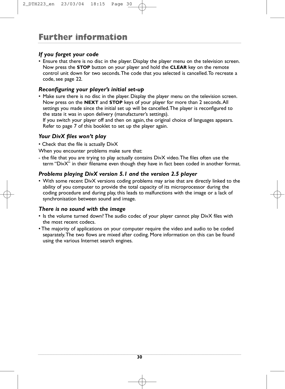 Technicolor - Thomson DTH223 manual Problems playing DivX version 5.1 and the version 2.5 player 