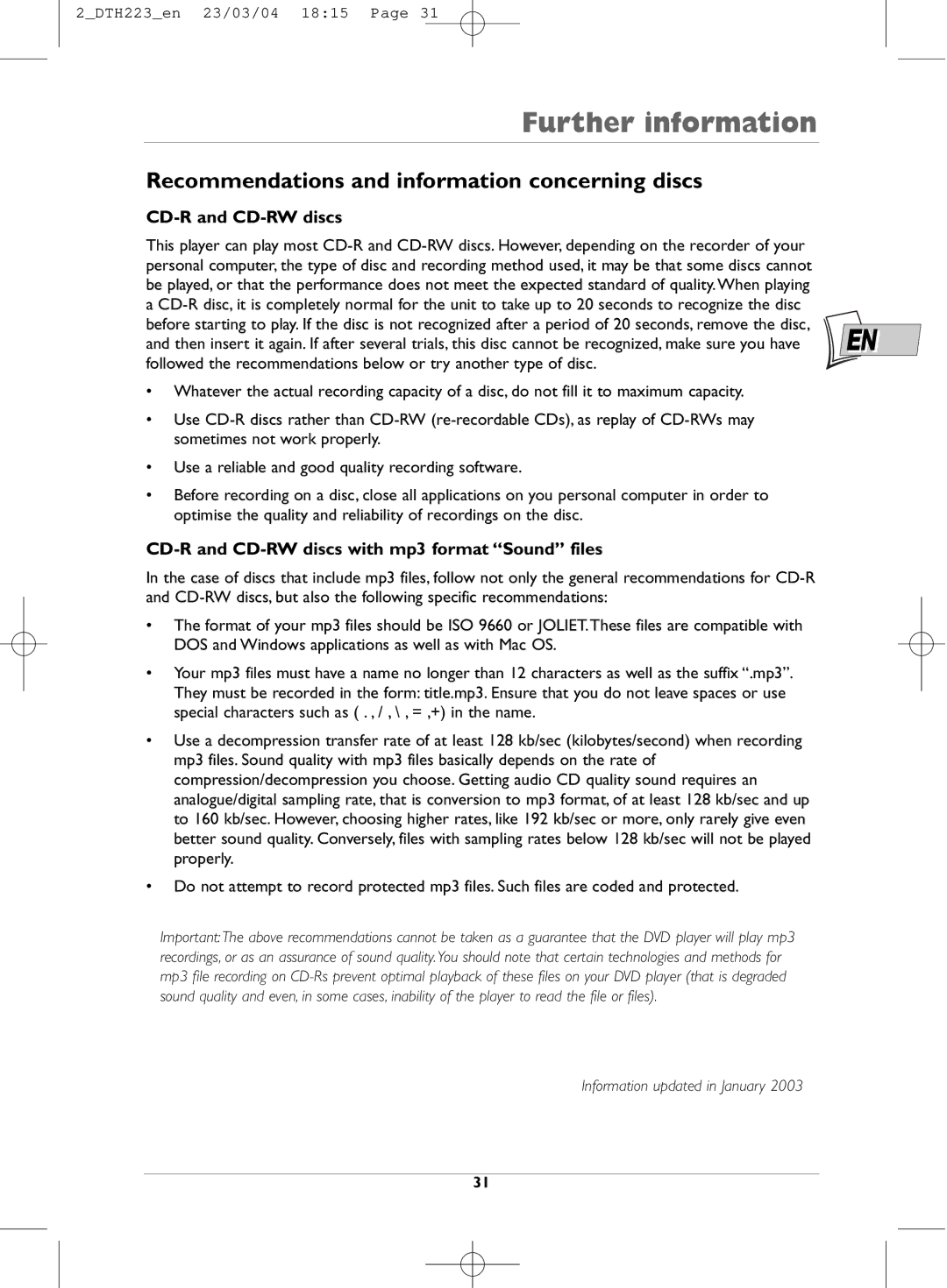 Technicolor - Thomson DTH223 manual Recommendations and information concerning discs, CD-R and CD-RW discs 