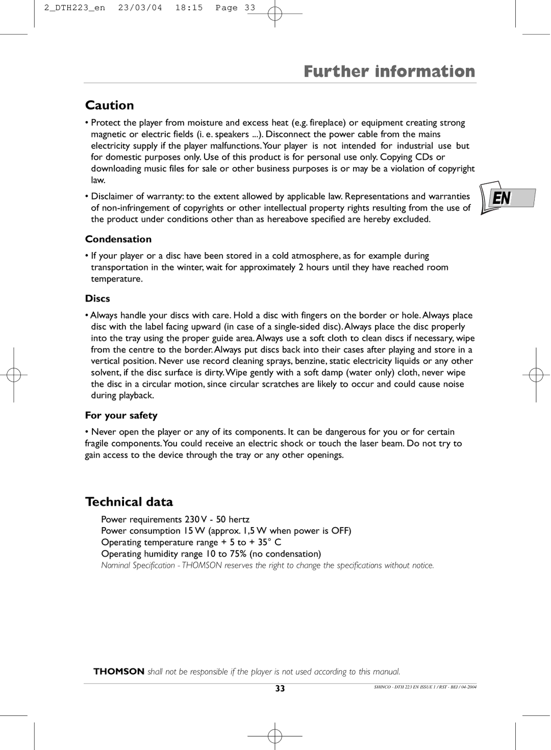 Technicolor - Thomson DTH223 manual Technical data, Condensation, Discs, For your safety 