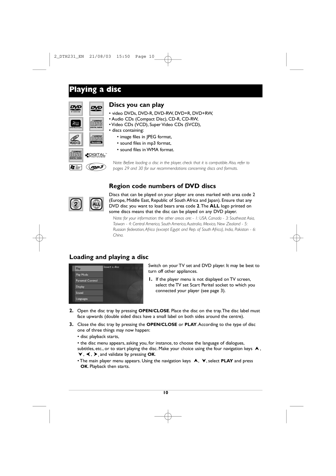 Technicolor - Thomson DTH231 manual Discs you can play, Region code numbers of DVD discs, Loading and playing a disc 