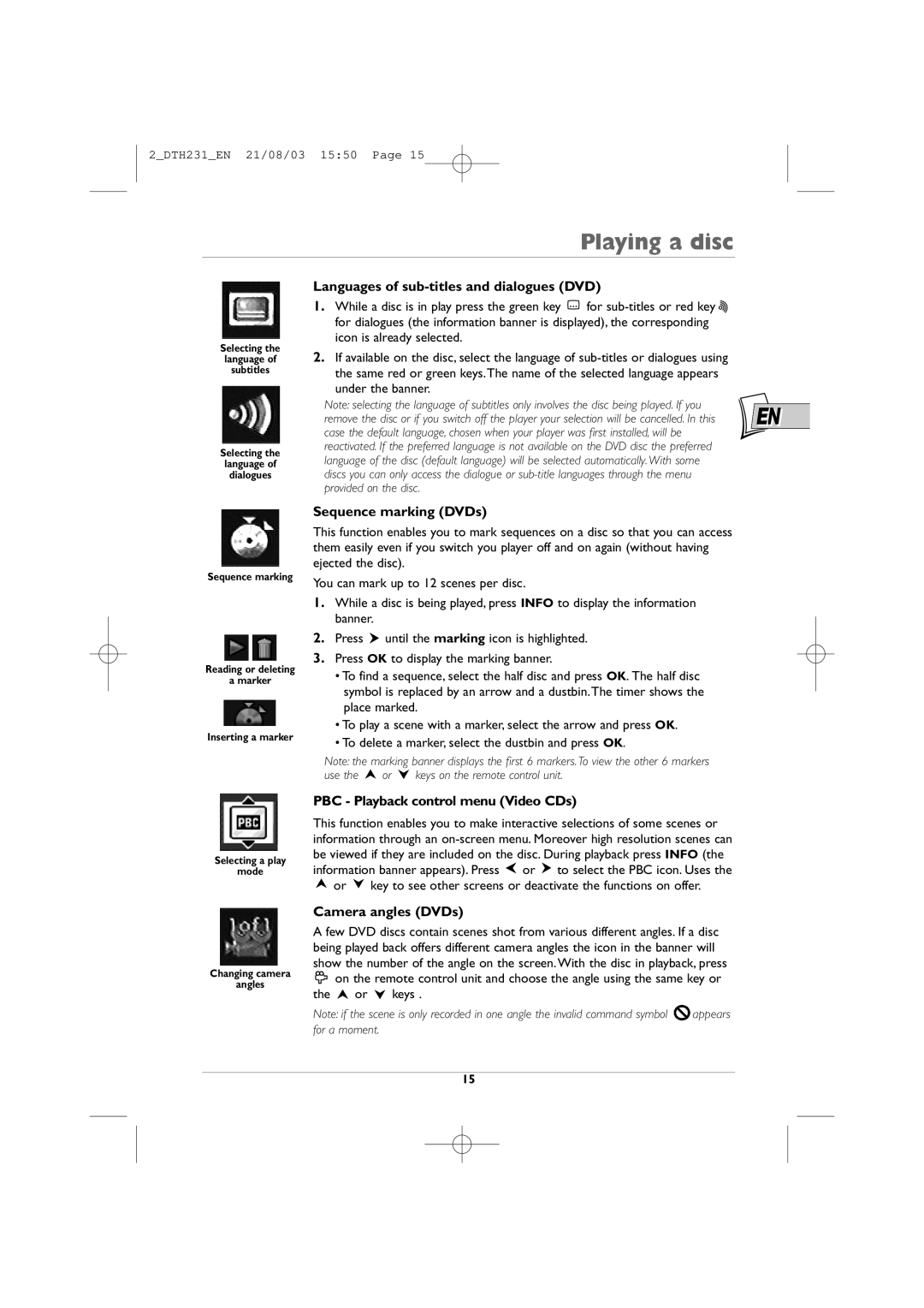 Technicolor - Thomson DTH231 manual Languages of sub-titles and dialogues DVD, Sequence marking DVDs, Camera angles DVDs 