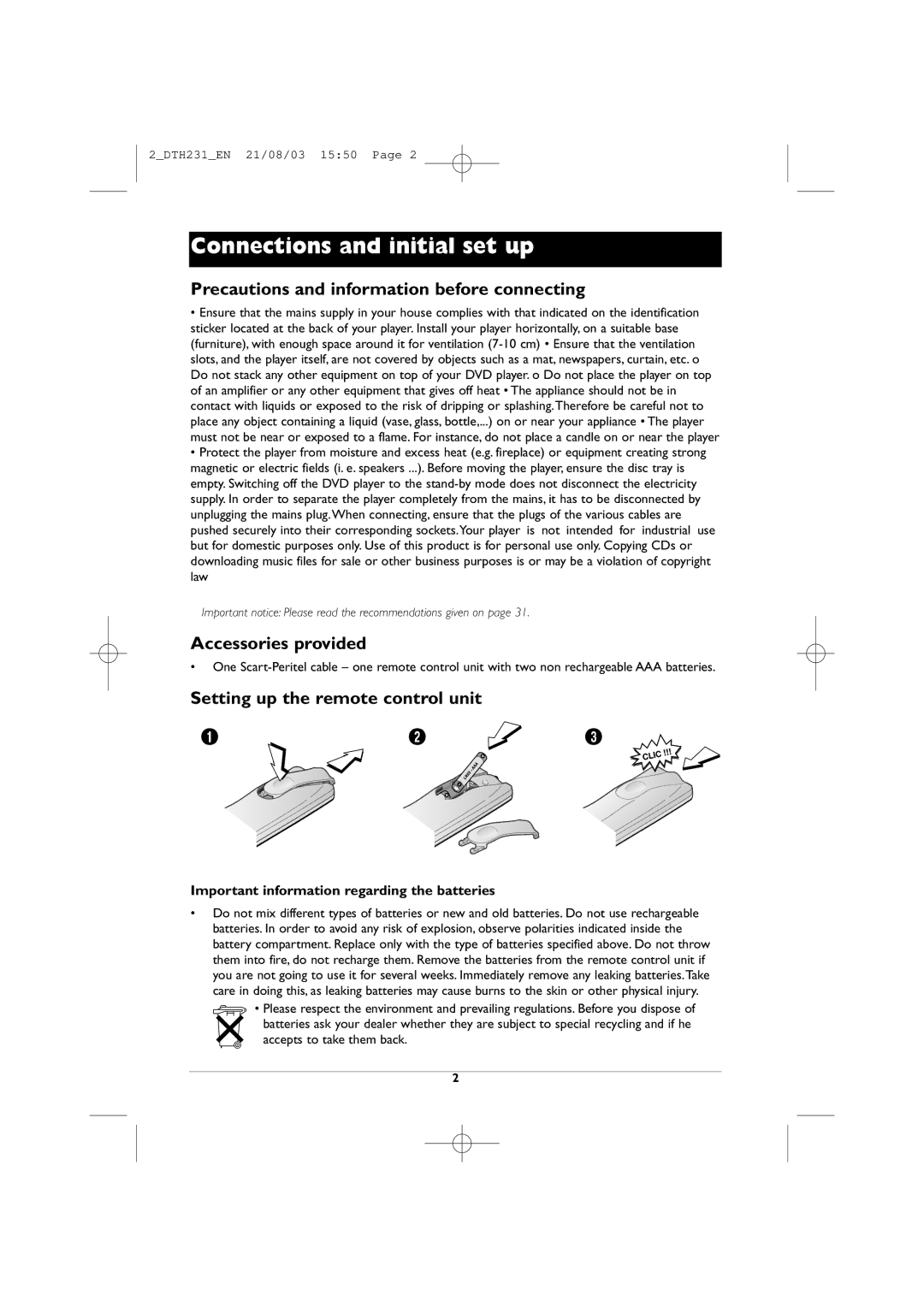 Technicolor - Thomson DTH231 manual Precautions and information before connecting, Accessories provided 