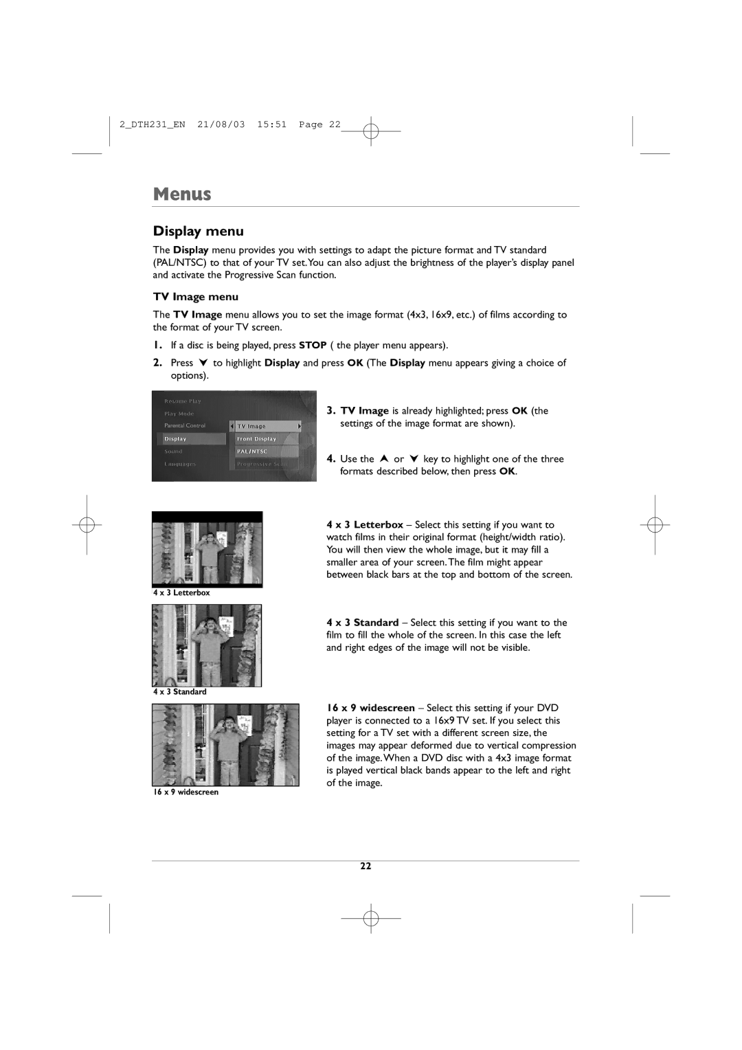 Technicolor - Thomson DTH231 manual Display menu, TV Image menu 