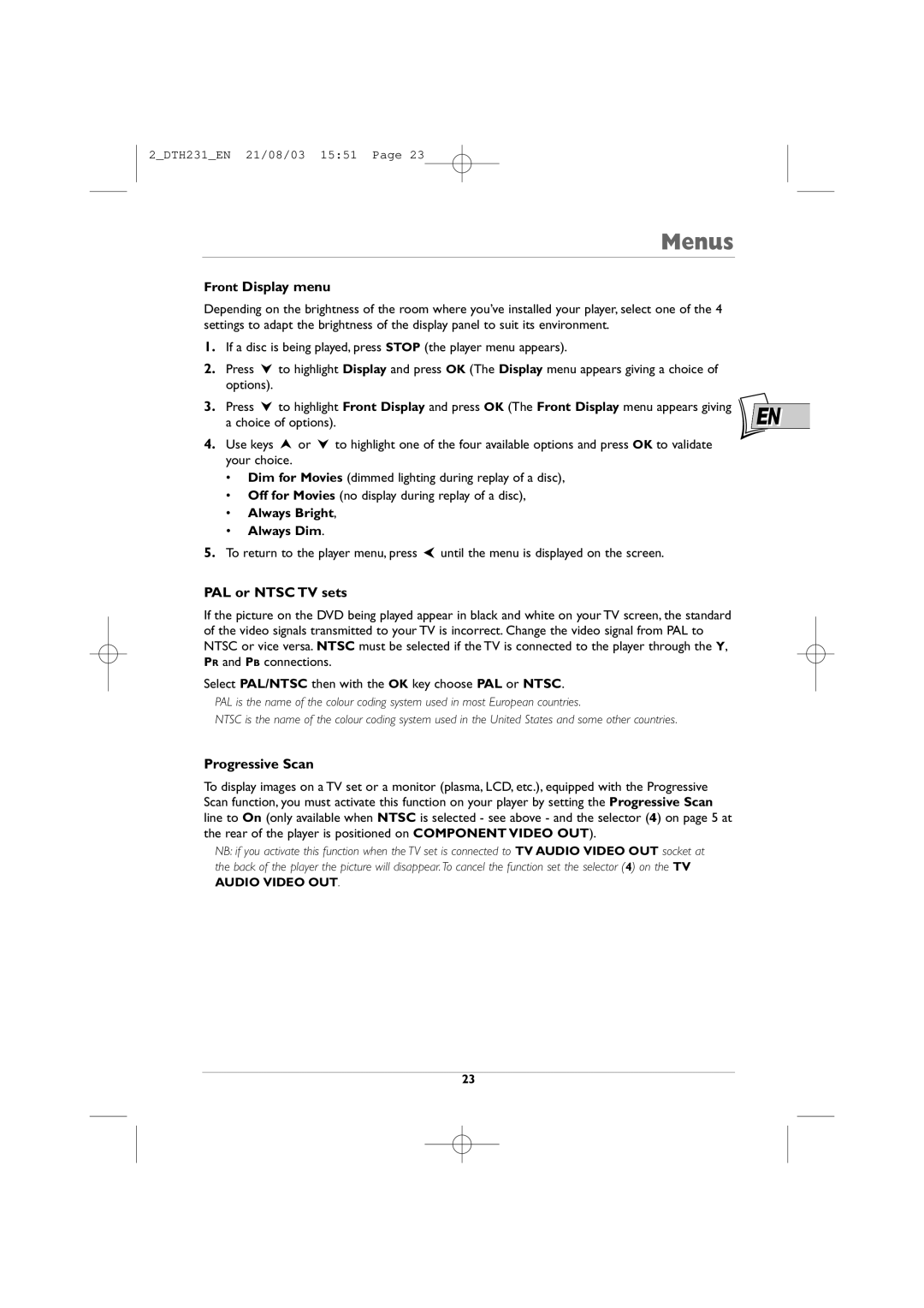 Technicolor - Thomson DTH231 manual Front Display menu, PAL or Ntsc TV sets, Progressive Scan 