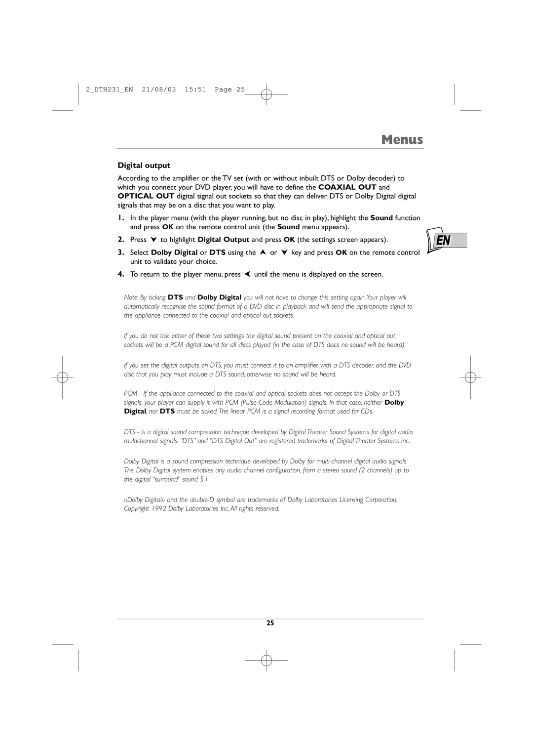 Technicolor - Thomson DTH231 manual Digital output 