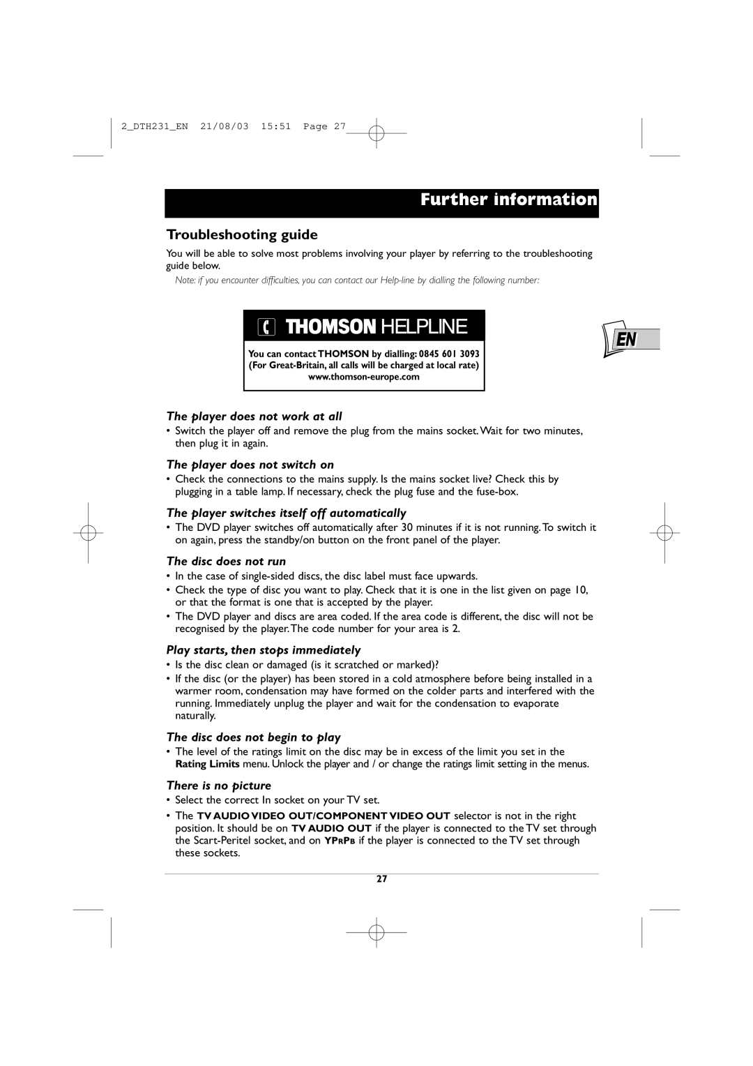 Technicolor - Thomson DTH231 manual Further information, Troubleshooting guide 