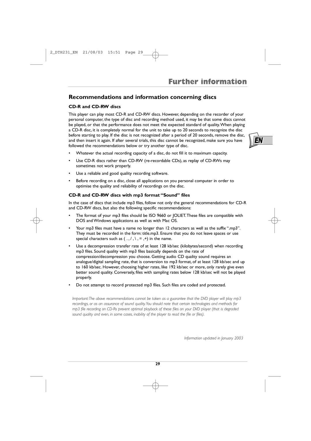 Technicolor - Thomson DTH231 manual Recommendations and information concerning discs, CD-R and CD-RW discs 