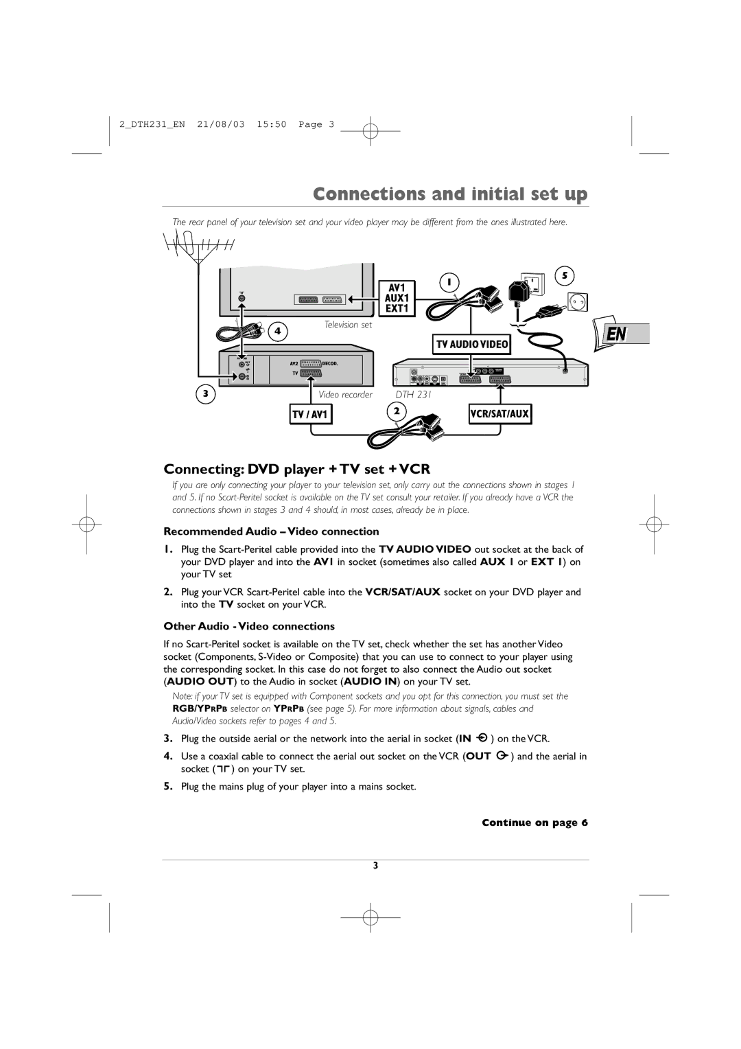 Technicolor - Thomson DTH231 manual Connecting DVD player + TV set + VCR, Recommended Audio Video connection 