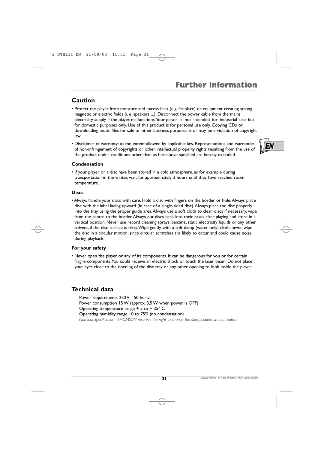 Technicolor - Thomson DTH231 manual Technical data, Condensation, Discs, For your safety 