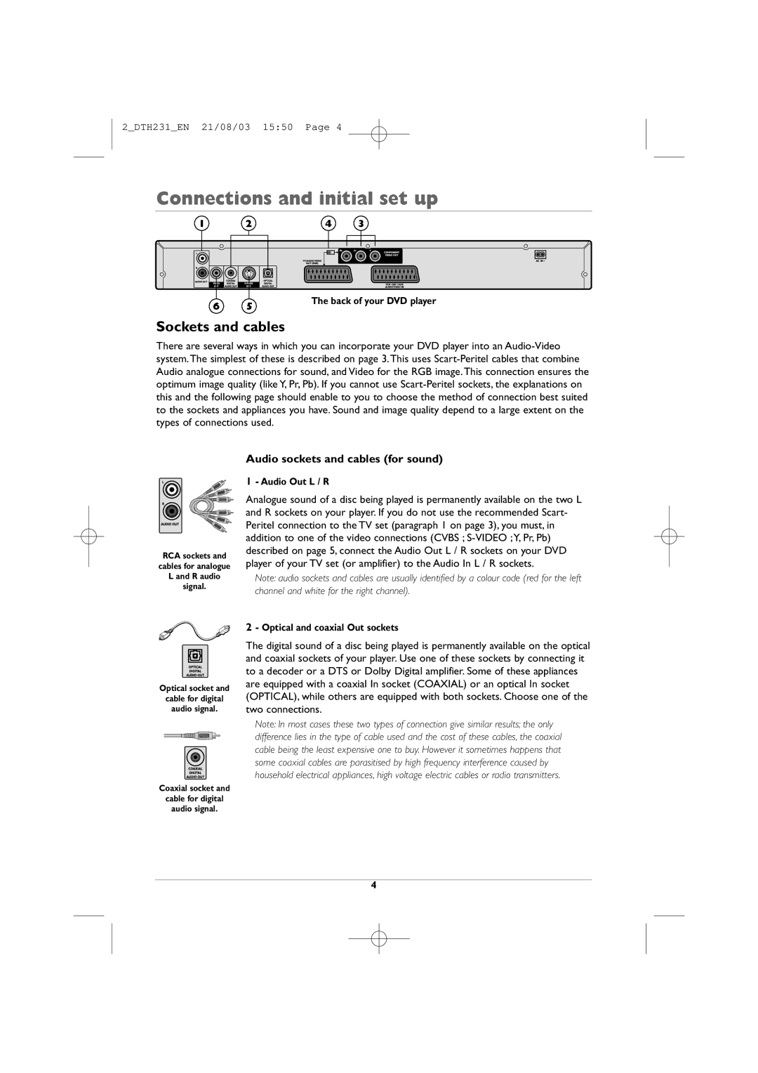 Technicolor - Thomson DTH231 manual Sockets and cables, Audio sockets and cables for sound 