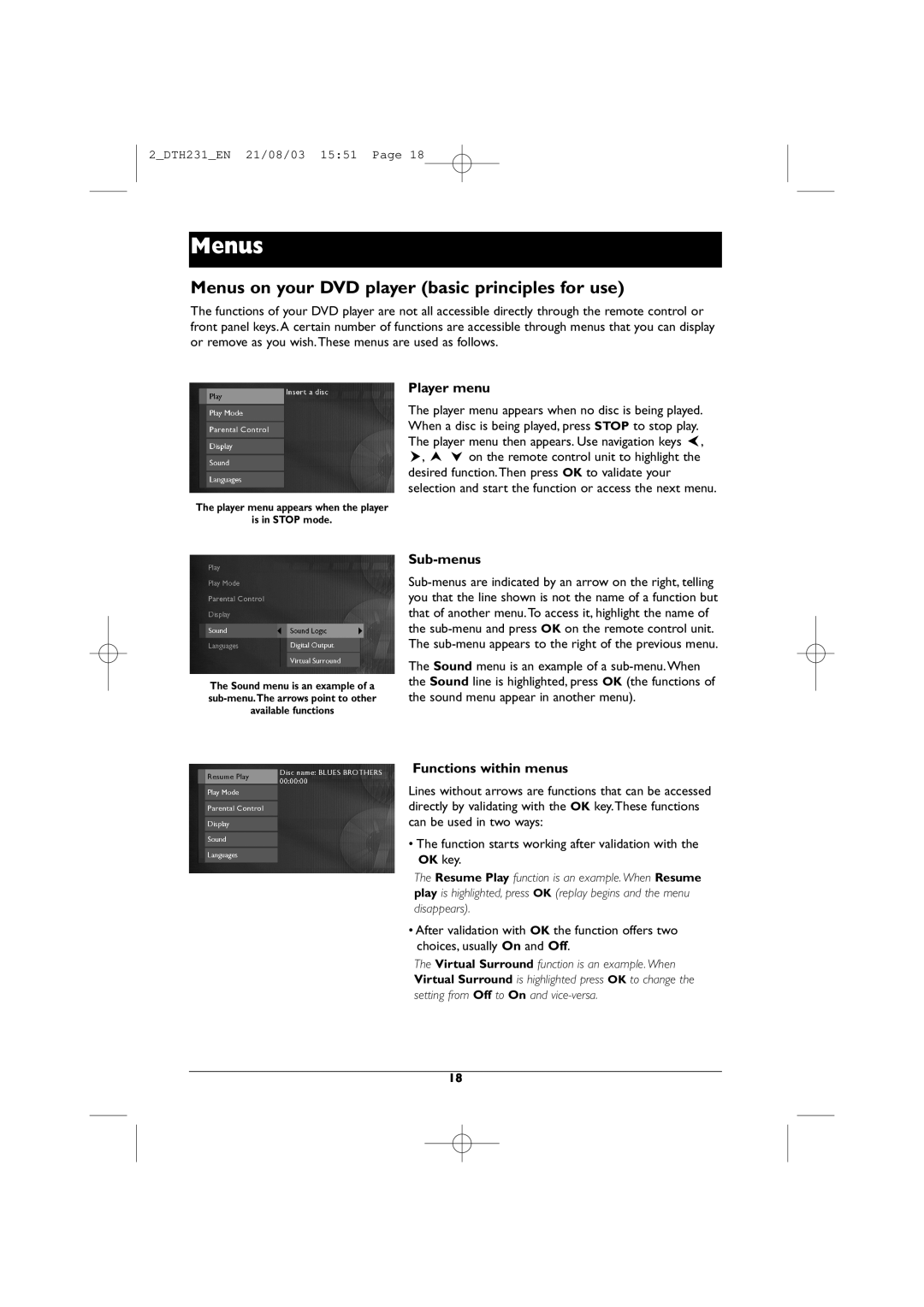 Technicolor - Thomson DTH231 manual Menus on your DVD player basic principles for use, Player menu, Sub-menus 