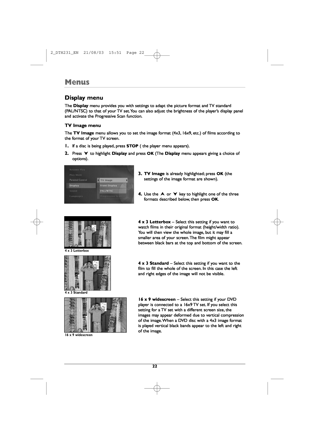 Technicolor - Thomson DTH231 manual Display menu, TV Image menu, Menus 
